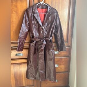 Vintage brown Leather belted Trench Coat women’s small 1970’s